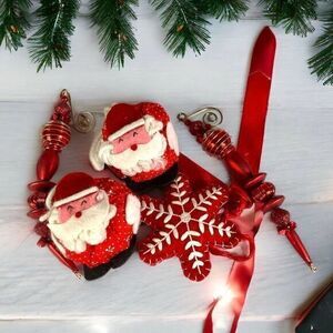 Christmas Ornament Vintage‎ Lot Set of 5 Trees Santa Snowflake Hanging Ornaments